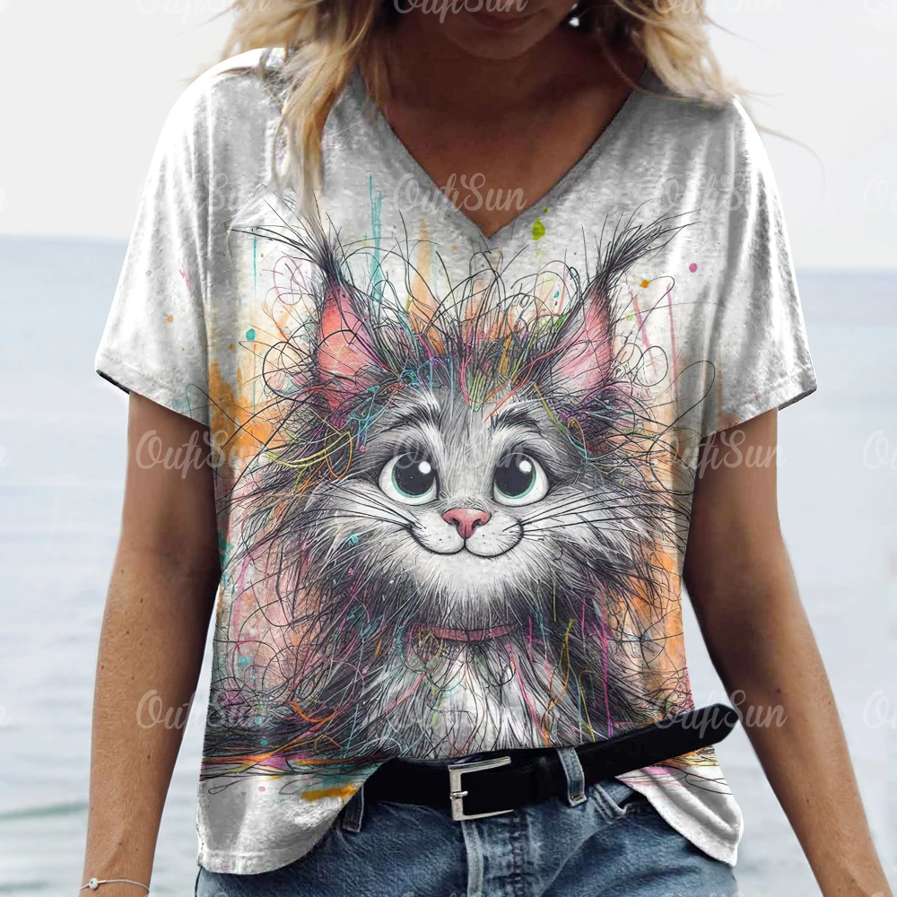 Cute Cat Print Oversized T-Shirt - Image 5
